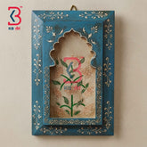 KB ART 12x8 Inch Handcrafted Wooden Jharokha Wall Panel Distressed Teal Blue Peach Floral Traditional Wall Decor