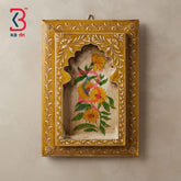 KB ART 12x8 Inch Handcrafted Wooden Jharokha Wall Panel Antique Mustard Yellow Marigold Floral Traditional Wall Decor