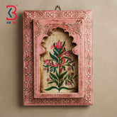 KB ART 12x8 Inch Handcrafted Wooden Jharokha Wall Panel Vintage Distressed Rose Pink Floral Traditional Wall Decor