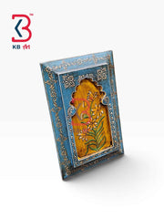 KB ART 12x8 Inch Handcrafted Wooden Jharokha Wall Panel Distressed Blue Yellow Lotus Traditional Wall Decor