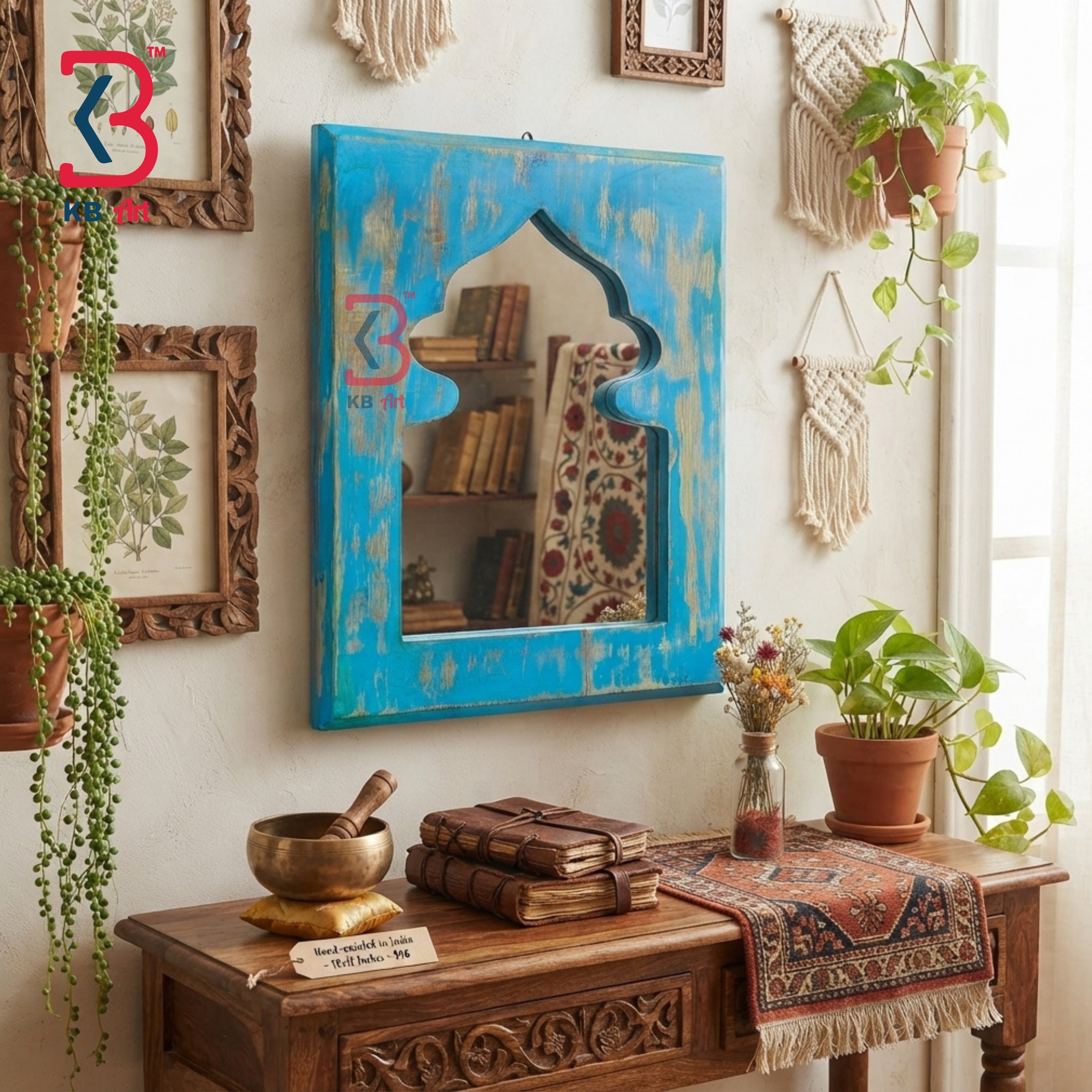 KB ART Rustic Vintage Blue Wooden Arch Jharokha Wall Decor Mirror - Wooden Jharokha Wall Mirror (Photo 1 of 2) | SKU KB-5260-B
