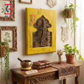 KB ART Ethnic Indian Hand Carved Yellow Distresed Wooden Window Mirror Frame - Wooden Jharokha Wall Mirror (Photo 1 of 2) | SKU KB-5261-B