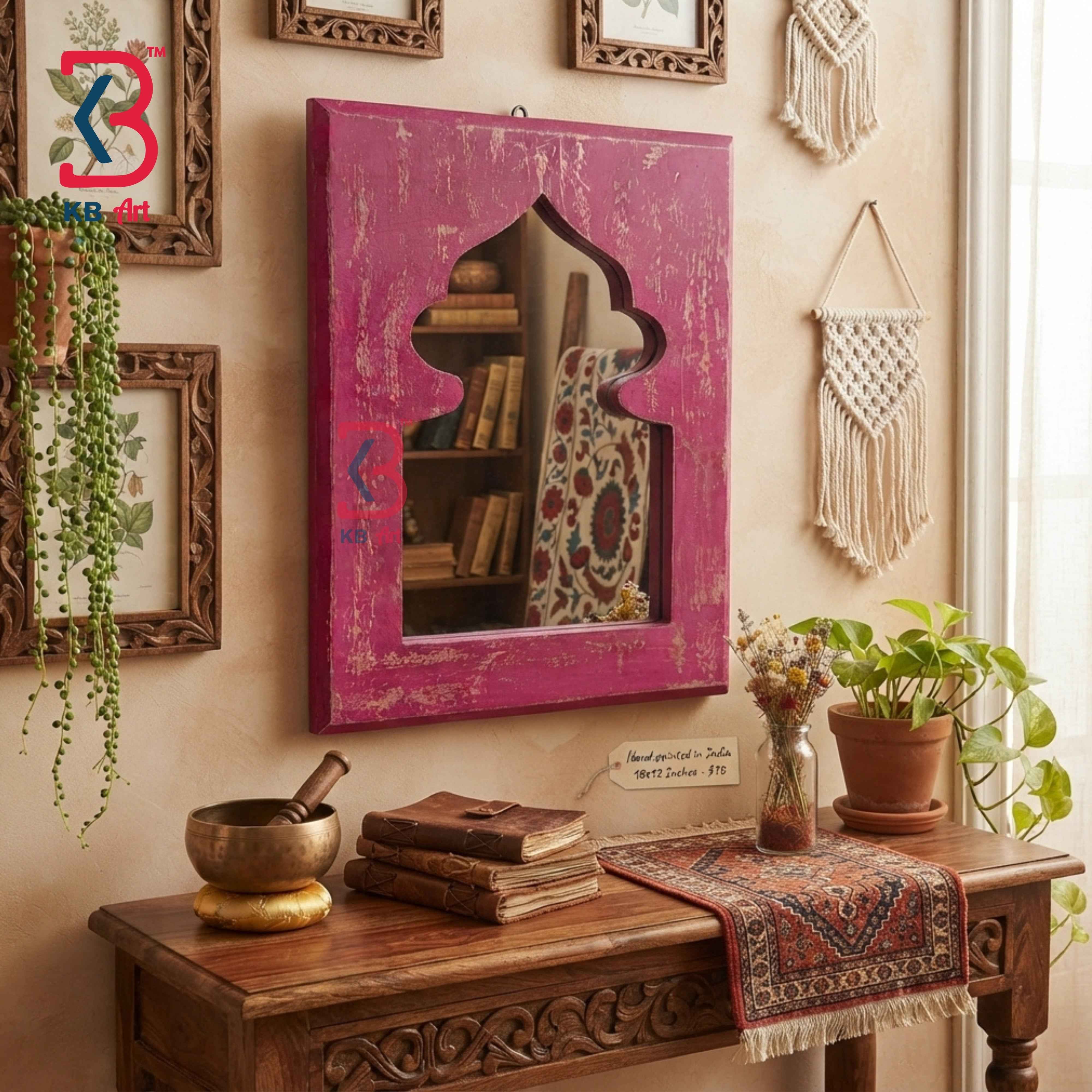 KB ART Distressed Pink Wooden Jharokha Mirror Handcrafted Rajasthani Heritage Wall Decor for Living Room Entryway Home Styling Timeless Detail