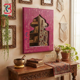 KB ART Distressed Pink Wooden Jharokha Mirror Handcrafted Rajasthani Heritage Wall Decor for Living Room Entryway Home Styling Timeless Detail