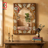 Handcrafted Rajasthani Wooden Jharokha Mirror Frame | Hand-Painted Lotus Motif Wall Decor Panel