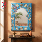 KB ART Solid Wood Blue Carved Jharokha Wall Decor Mirror with Floral Motifs - Wooden Jharokha Wall Mirror (Photo 1 of 2) | SKU KB-5268-B