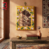 KB ART Authentic Jodhpur Handicrafts Yellow Wooden Jharokha Wall Mirror (Photo 1 of 2) | SKU KB-5270-B