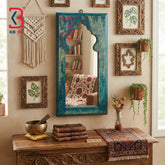 KB ART Handcrafted Distressed Teal Blue Wooden Carved Jharokha Wall Mirror - Wooden Jharokha Wall Mirror (Photo 1 of 2) | SKU KB-5274-B