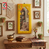 KB ART Ethnic Indian Hand Carved Distressed Yellow Window Jharokha Frame - Wooden Jharokha Wall Mirror (Photo 1 of 2) | SKU KB-5276-B