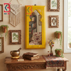 KB ART Ethnic Indian Hand Carved Distressed Yellow Window Jharokha Frame - Wooden Jharokha Wall Mirror (Photo 1 of 2) | SKU KB-5276-B