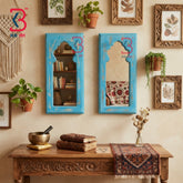 KB ART Boho Distressed Blue Wooden Jharokha Decorative Wall Mirror - Wooden Jharokha Wall Mirror (Photo 1 of 2) | SKU KB-5277-B