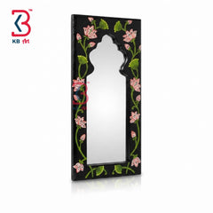 Handcrafted Black Wooden Jharokha Mirror Frame | Traditional Rajasthani Hand-Painted Pink Lotus Wall Decor Panel