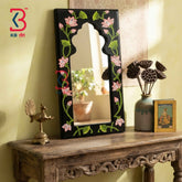 Handcrafted Black Wooden Jharokha Mirror Frame | Traditional Rajasthani Hand-Painted Pink Lotus Wall Decor Panel