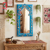 KB ART Carved Blue Wooden Jharokha Mirror Handcrafted Rajasthani Heritage Wall Decor for Living Room Entryway Home Styling Elegant Focal