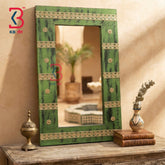 KB ART Antique Green Wooden Jharokha Mirror Handcrafted Rajasthani Heritage Wall Decor for Living Room Entryway Home Styling Elegant Display