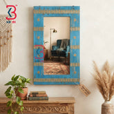 KB ART Distressed Blue Wooden Jharokha Mirror Handcrafted Rajasthani Heritage Wall Decor for Living Room Entryway Home Styling Elegant Touch