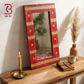 KB ART Artisan Red Wooden Jharokha Mirror Handcrafted Rajasthani Heritage Wall Decor for Living Room Entryway Home Styling Elegant Piece