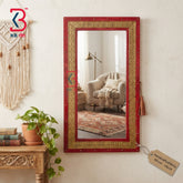 KB ART Hand Carved Red Distressed Wooden Mirror with Brass Accen - Wooden Jharokha Wall Mirror (Photo 1 of 2) | SKU KB-5290