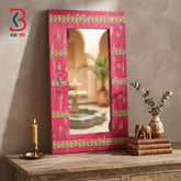 KB ART Vintage Pink Wooden Jharokha Mirror Handcrafted Rajasthani Heritage Wall Decor for Living Room Entryway Home Styling Artisan Feature