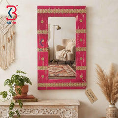 KB ART Vintage Pink Wooden Jharokha Mirror Handcrafted Rajasthani Heritage Wall Decor for Living Room Entryway Home Styling Artisan Feature