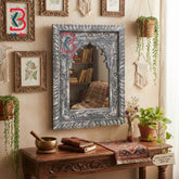 KB ART Vintage Grey Wooden Jharokha Mirror Handcrafted Rajasthani Heritage Wall Decor for Living Room Entryway Home Styling Artisan Statement
