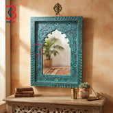 KB ART Carved Turquoise Wooden Jharokha Mirror Handcrafted Rajasthani Heritage Wall Decor for Living Room Entryway Home Styling Artisan Centerpiece