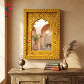KB ART Ethnic Indian Hand Carved Yellow Finish Window Mirror Frame - Wooden Jharokha Wall Mirror (Photo 1 of 2) | SKU KB-5294-B