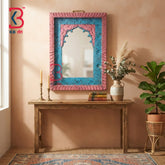 KB ART Boho Distressed Blue or Pink Wooden Jharokha Decorative Wall Mirror - Wooden Jharokha Wall Mirror (Photo 1 of 2) | SKU KB-5295-B