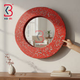 KB ART Handcrafted Distressed Coral Orange Wooden Carved Round Wall Mirror - Wooden Jharokha Wall Mirror (Photo 1 of 2) | SKU KB-5296-B