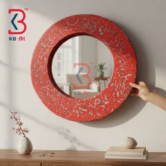 KB ART Handcrafted Distressed Coral Orange Wooden Carved Round Wall Mirror - Wooden Jharokha Wall Mirror (Photo 1 of 2) | SKU KB-5296-B