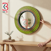KB ART Solid Wood Round Accent Mirror Handpainted Green Frame - Wooden Jharokha Wall Mirror (Photo 1 of 2) | SKU KB-5297-B