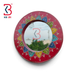 KB ART Decorative Artisan Crafted Red Wood Circular Hanging Mirror - Wooden Jharokha Wall Mirror (Photo 2 of 2) | SKU KB-5298-B