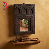 KB ART Classic Indian Carved Wooden Temple Mirror Gift Item - Wooden Temple Wall Mirror (Photo 1 of 2) | SKU KB-5307-B