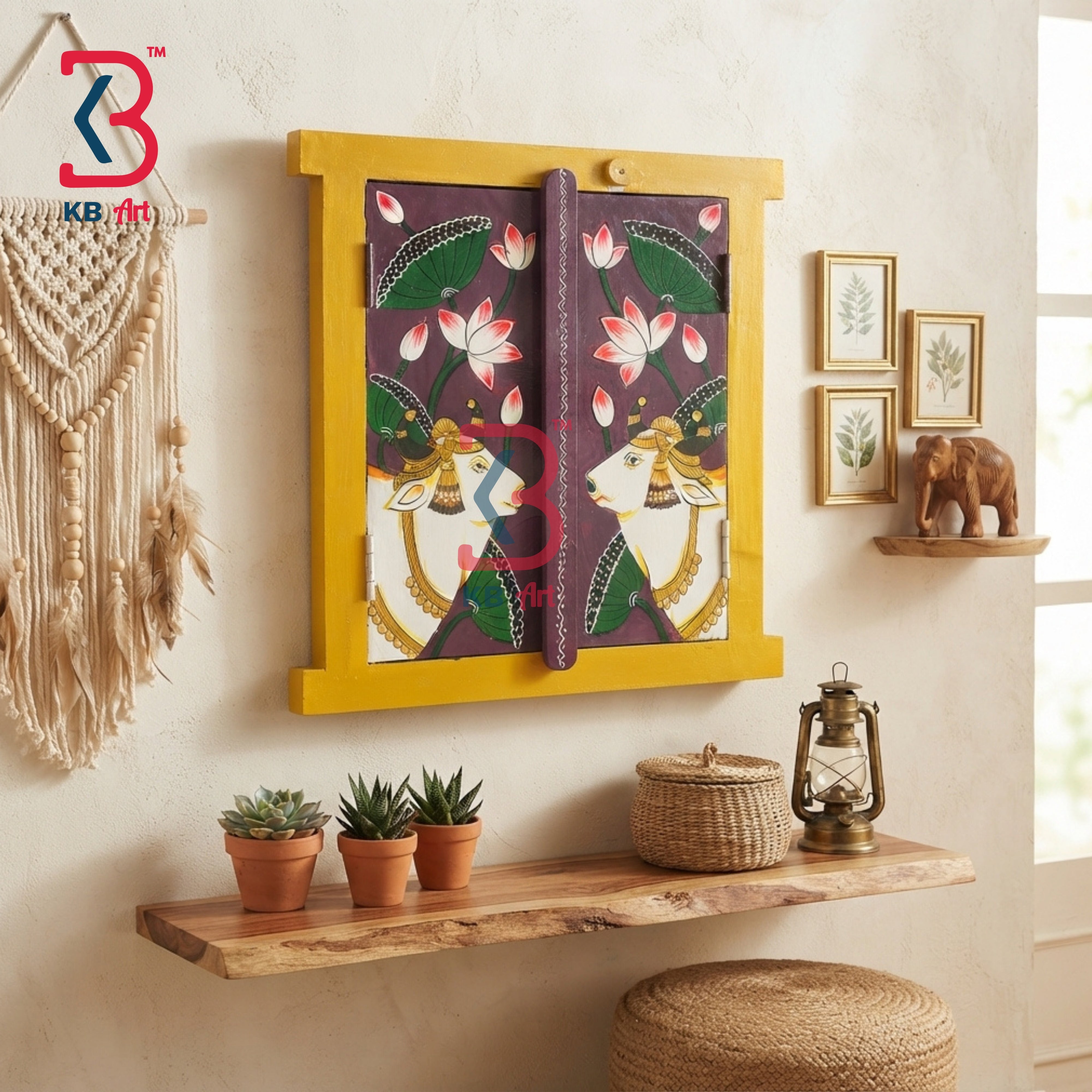 KB ART Solid Wood pichwai Art Window Shutter Wall Pichwai Cow Mirror - Wooden Window Wall Mirror (Photo 1 of 2) | SKU KB-5309-B
