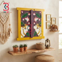 KB ART Solid Wood pichwai Art Window Shutter Wall Pichwai Cow Mirror - Wooden Window Wall Mirror (Photo 1 of 2) | SKU KB-5309-B