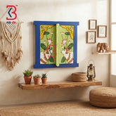KB ART Artisan Crafted Solid Wood Carved Window Panel Pichwai Cow Mirror - Wooden Window Wall Mirror (Photo 1 of 2) | SKU KB-5311-B