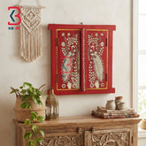 KB ART Solid Wood Hand Painted Window Madhubani Painting Red Peacock Mirror - Wooden Window Wall Mirror (Photo 1 of 2) | SKU KB-5314-B
