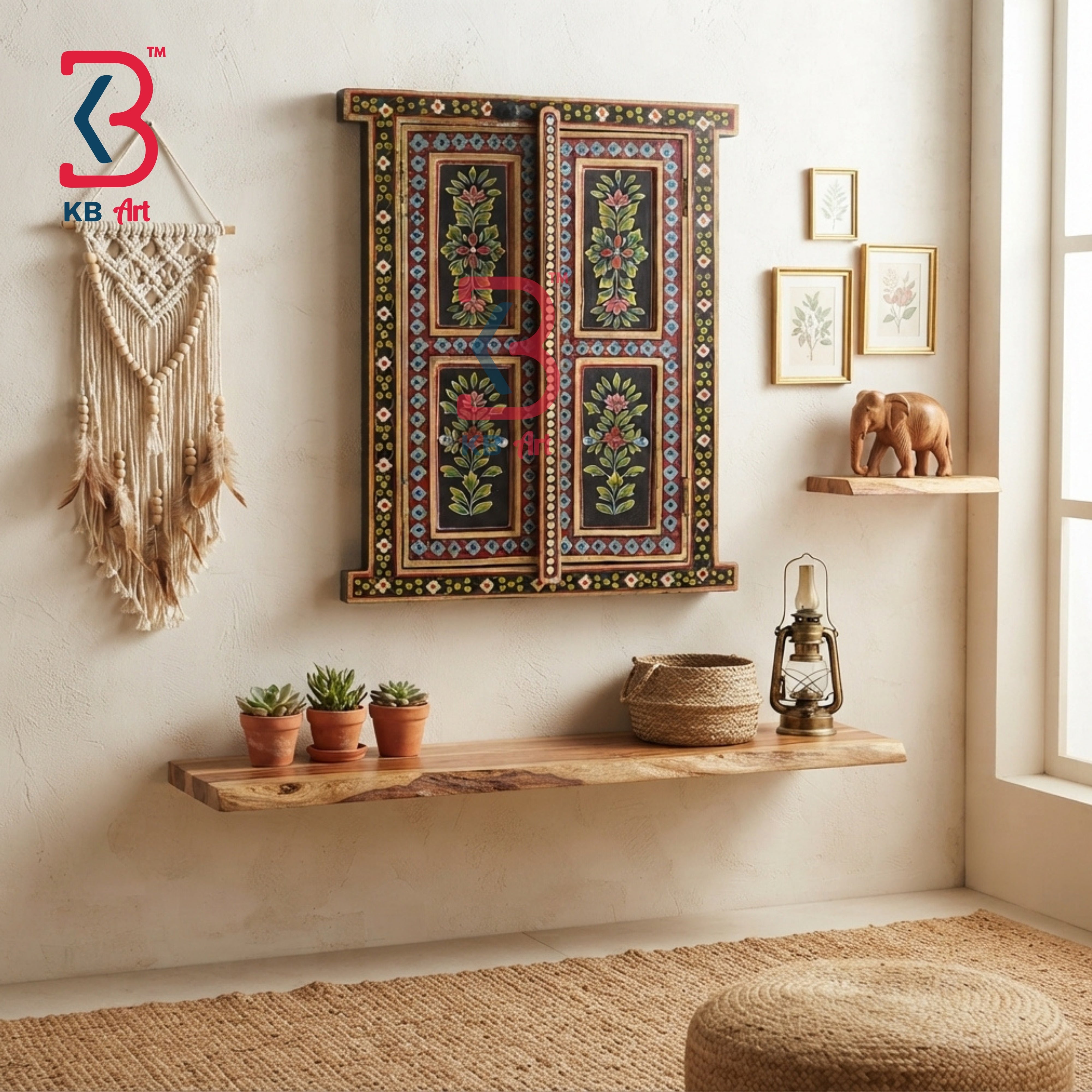 KB ART Solid Wooden Carved Window Shutter Wall Mirror Mughal Antique Showpiece - Wooden Window Wall Mirror (Photo 1 of 2) | SKU KB-5317-B