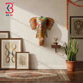 KB ART 7 Inch Handcrafted Wooden Elephant Head Wall Hanging Gold Finish Hand Painted Rajasthani Shringar Floral Carved Wall Decor