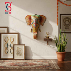KB ART 7 Inch Handcrafted Wooden Elephant Head Wall Hanging Gold Finish Hand Painted Rajasthani Shringar Floral Carved Wall Decor