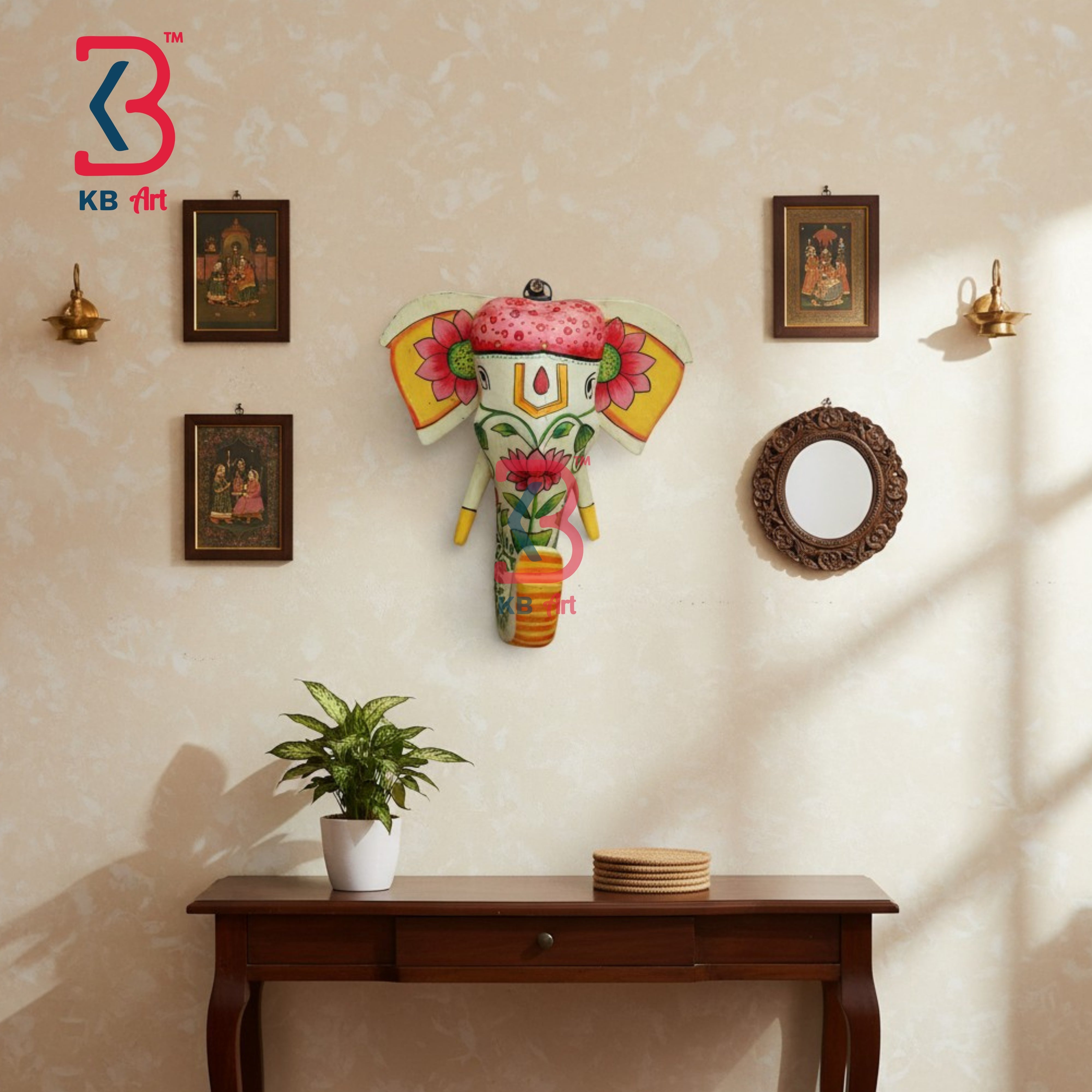 7 Inch Handcrafted Wooden Elephant Head Wall Hanging Antique White Hand Painted Lotus Tilak Traditional Rajasthani Wall Decor | Handcrafted by KB ART, Jodhpur