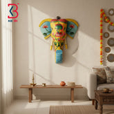 7 Inch Handcrafted Wooden Elephant Head Wall Hanging Vibrant Yellow Hand Painted Pichwai Lotus Trunk Up Wall Decor | Handcrafted by KB ART, Jodhpur