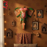 KB ART 7 Inch Handcrafted Wooden Elephant Head Wall Hanging Royal Emerald Green Hand Painted Royal Ambari Carved Wall Decor