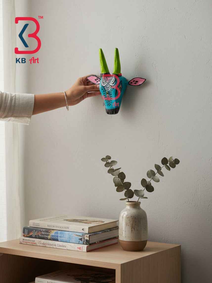 KB ART 6 Inch Handcrafted Wooden Cow Head Wall Hanging Peacock Blue Hand Painted Parrot Green Horns Traditional Wall Decor
