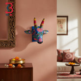 8 Inch Handcrafted Wooden Cow Head Wall Plaque Royal Blue Pink Chrysanthemum Hand Painted Traditional Wall Decor | Handcrafted by KB ART, Jodhpur