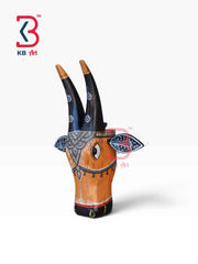 KB ART 11 Inch Handcrafted Wooden Cow Head Wall Hanging Natural Wood Grain Black Horns Sacred Kamdhenu Wall Sculpture