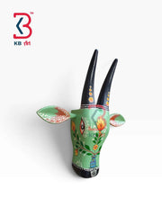 KB ART 11 Inch Handcrafted Wooden Cow Head Wall Hanging Sage Green Marigold Kalash Sacred Kamdhenu Wall Sculpture