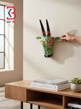 KB ART 11 Inch Handcrafted Wooden Cow Head Wall Hanging Sage Green Marigold Kalash Sacred Kamdhenu Wall Sculpture
