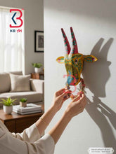 KB ART 11 Inch Handcrafted Wooden Cow Head Wall Hanging Mustard Yellow Royal Peacock Hand Painted Wall Sculpture