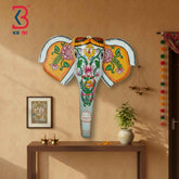 KB ART 15 Inch Handcrafted Wooden Elephant Head Wall Hanging Antique White Sacred Lotus Tilak Traditional Wall Decor